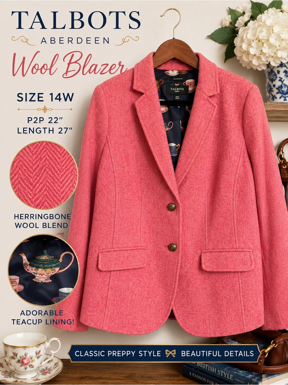 Talbots Aberdeen Pink Herringbone Wool Blazer Tea Cup Lining Size 14W